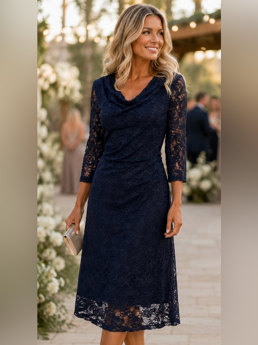Coldwater Creek Dress 14 Navy Floral Lace Cowl Neck Midi Made USA Wedding Guest